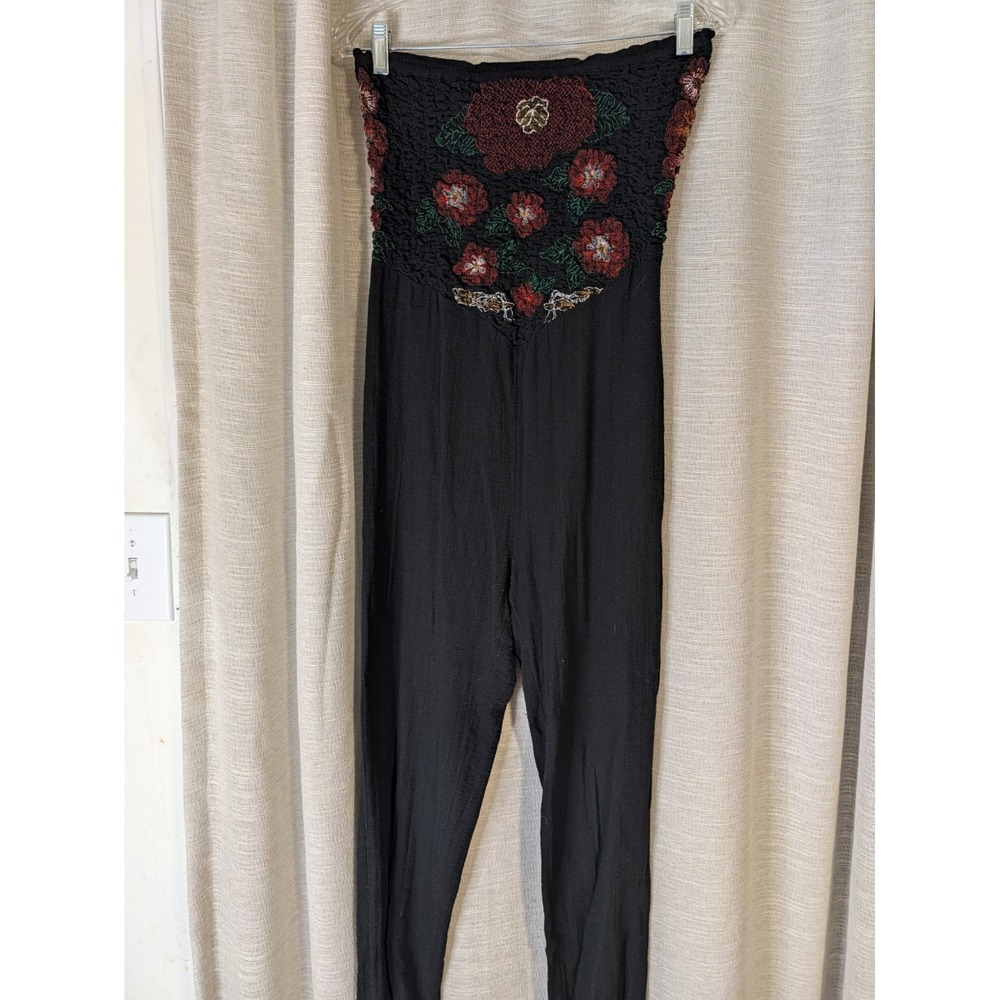 Free People Karan Strapless Smocked Floral Black Jumpsuit Size S Boho Festival